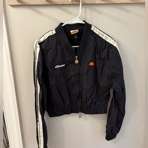 Ellesse Black Bomber Jacket with White Stripes and Orange Logo